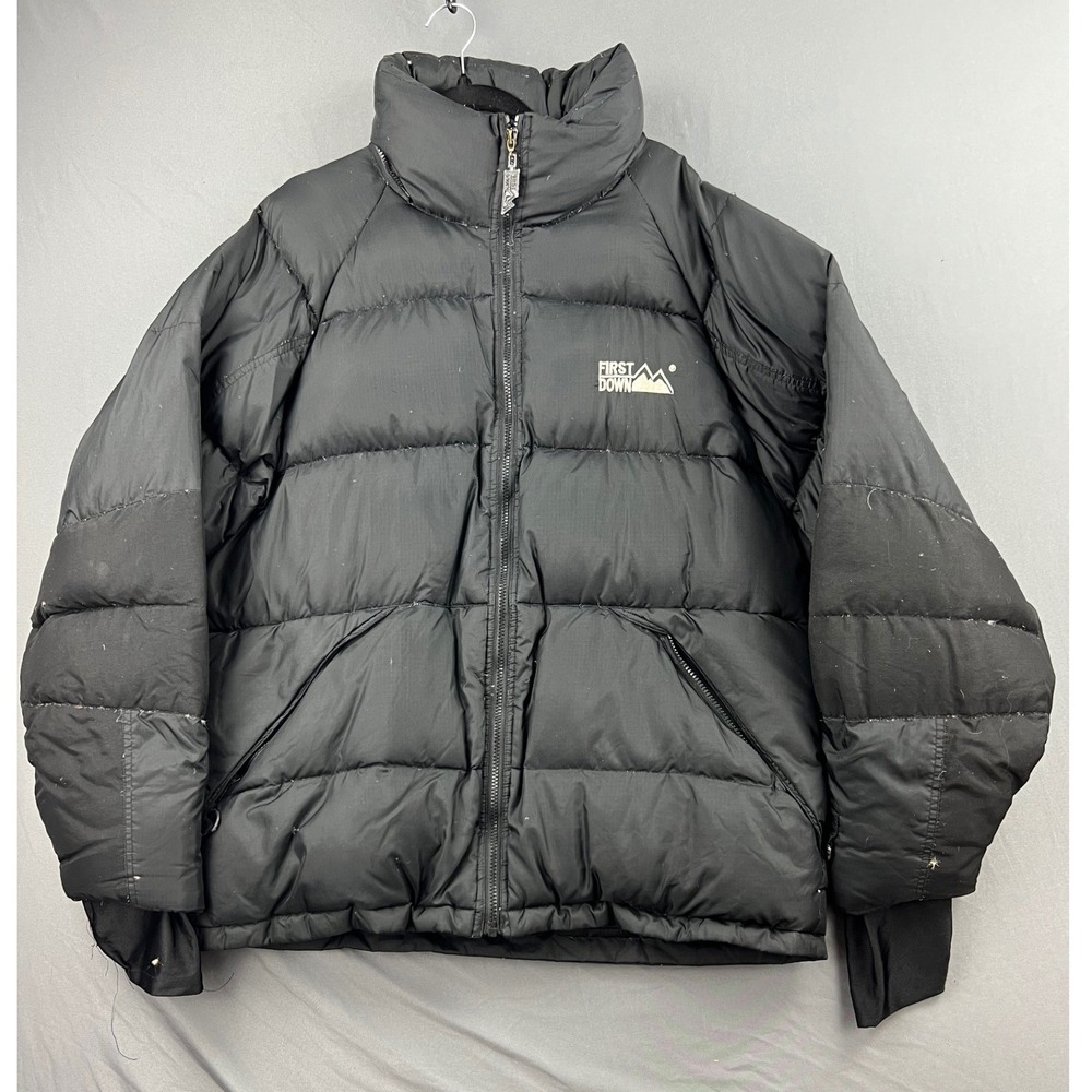 Vintage First Down Puffer Jacket Mens Medium Puffy Coat Black Down Fill Good